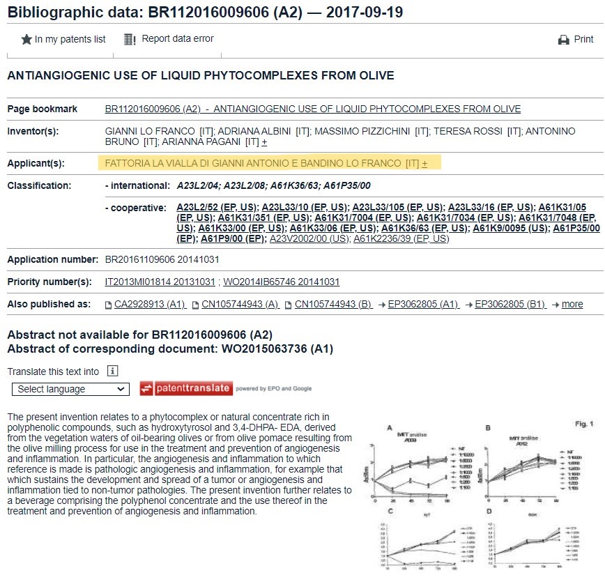橄欖多酚精萃液 療效專利 2:抗腫瘤血管新生 ANTIANGIOGENIC USE OF LIQUID PHYTOCOMPLEXES FROM OLIVE
