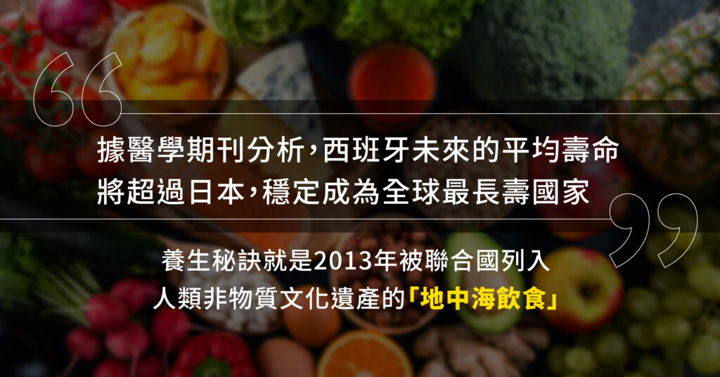 據醫學期刊分析，西班牙未來的平均壽命將超過日本，穩定成為全球最長壽國家。養生秘訣就是2013年被聯合國列入人類非物質文化遺產的「地中海飲食」